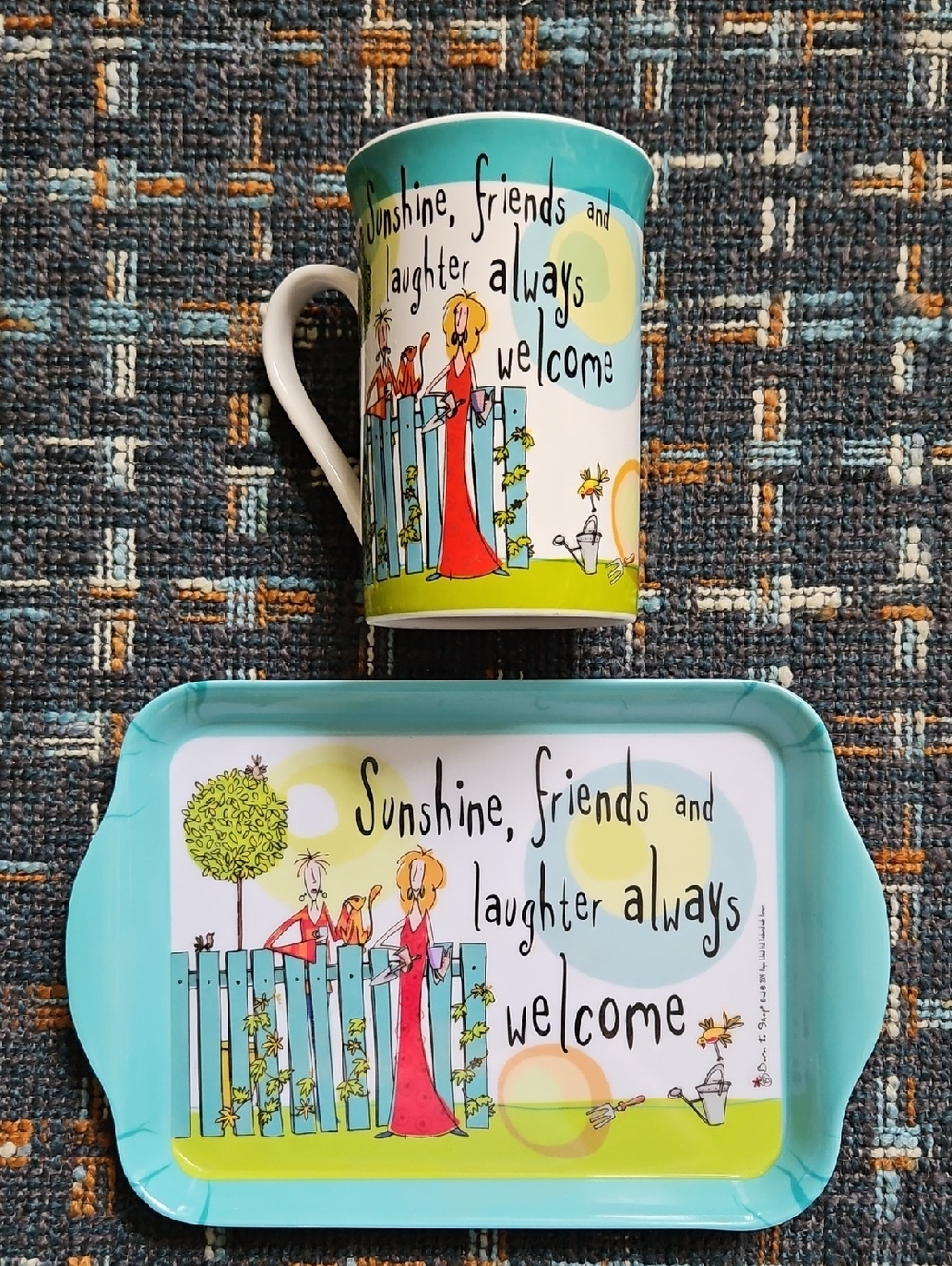 "Sunshine, Friends & Laughter Always Welcome" Snack Mug Cup and Tray Serving Set